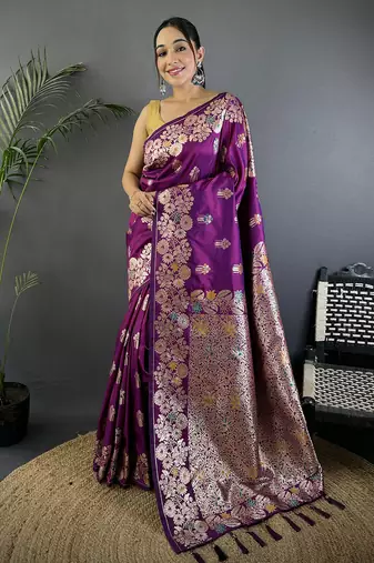 Magenta silk blend floral zari weaving meenakari saree with floral border
