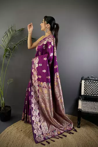 Magenta silk blend floral zari weaving meenakari saree with floral border