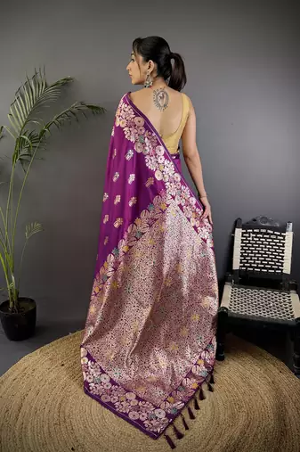 Magenta silk blend floral zari weaving meenakari saree with floral border
