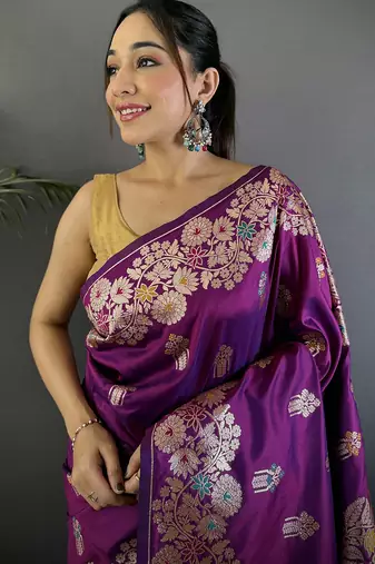 Magenta silk blend floral zari weaving meenakari saree with floral border