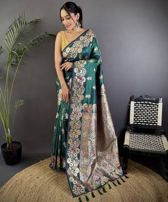 Teal green silk blend floral zari weaving meenakari saree with floral border 1