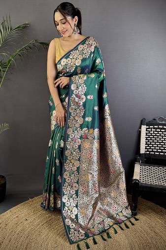 Teal green silk blend floral zari weaving meenakari saree with floral border