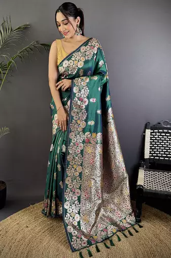 Teal green silk blend floral zari weaving meenakari saree with floral border