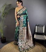 Teal green silk blend floral zari weaving meenakari saree with floral border