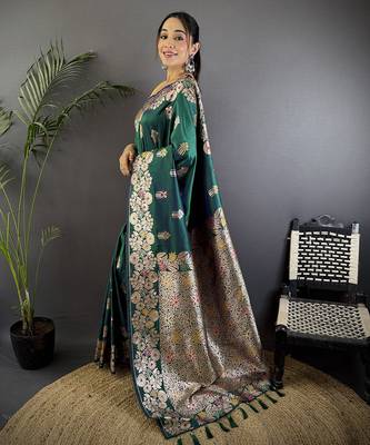Teal green silk blend floral zari weaving meenakari saree with floral border 2
