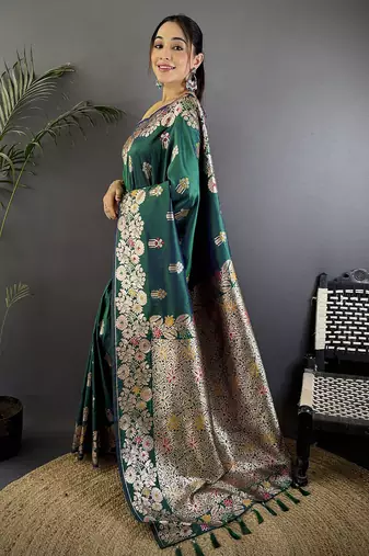 Teal green silk blend floral zari weaving meenakari saree with floral border