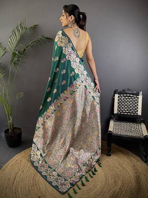 Teal green silk blend floral zari weaving meenakari saree with floral border 3