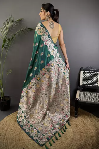 Teal green silk blend floral zari weaving meenakari saree with floral border
