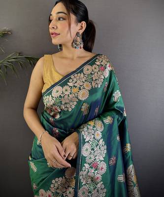 Teal green silk blend floral zari weaving meenakari saree with floral border 4