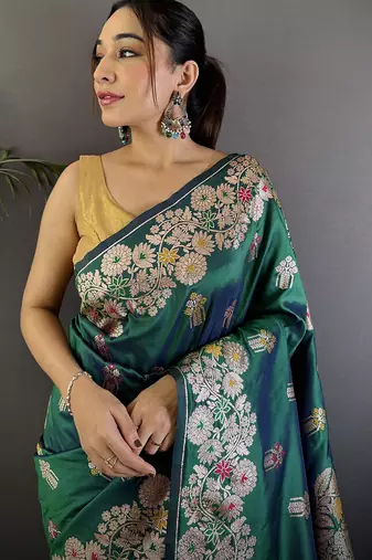 Teal green silk blend floral zari weaving meenakari saree with floral border