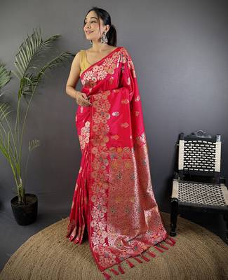 Pink silk blend floral zari weaving meenakari saree with floral border 1
