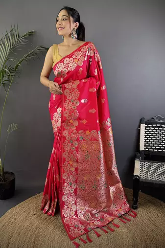 Pink silk blend floral zari weaving meenakari saree with floral border