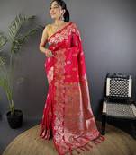 Pink silk blend floral zari weaving meenakari saree with floral border