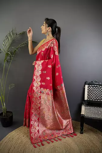 Pink silk blend floral zari weaving meenakari saree with floral border