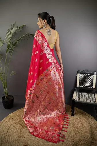 Pink silk blend floral zari weaving meenakari saree with floral border