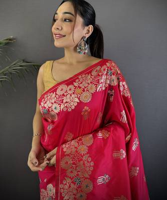 Pink silk blend floral zari weaving meenakari saree with floral border 4