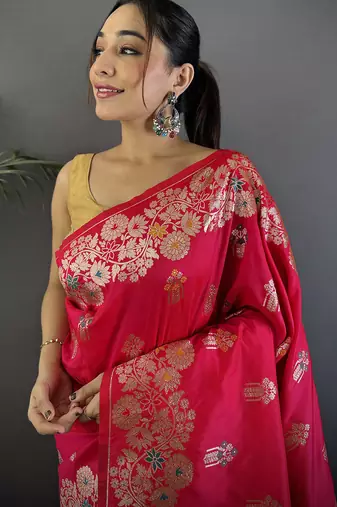Pink silk blend floral zari weaving meenakari saree with floral border