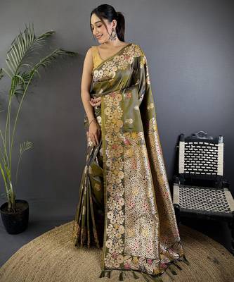 Mahendi green silk blend floral zari weaving meenakari saree with floral border 1