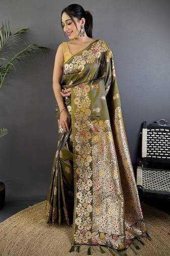 Mahendi green silk blend floral zari weaving meenakari saree with floral border