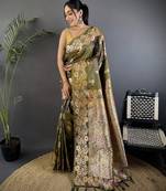 Mahendi green silk blend floral zari weaving meenakari saree with floral border