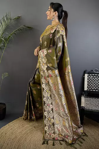 Mahendi green silk blend floral zari weaving meenakari saree with floral border