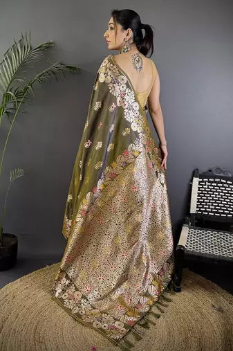 Mahendi green silk blend floral zari weaving meenakari saree with floral border
