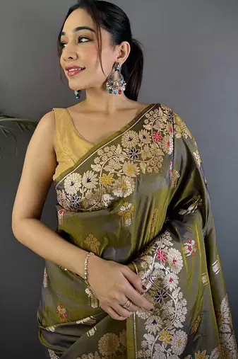 Mahendi green silk blend floral zari weaving meenakari saree with floral border