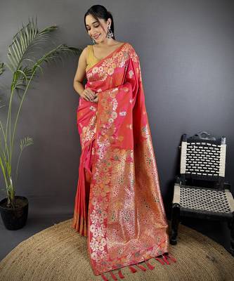 Hot pink silk blend floral zari weaving meenakari saree with floral border 1
