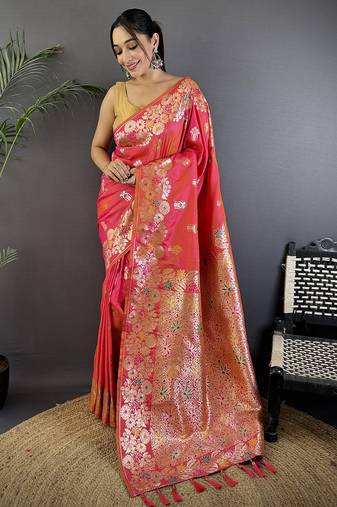 Hot pink silk blend floral zari weaving meenakari saree with floral border