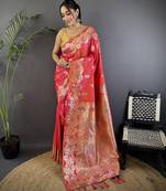 Hot pink silk blend floral zari weaving meenakari saree with floral border