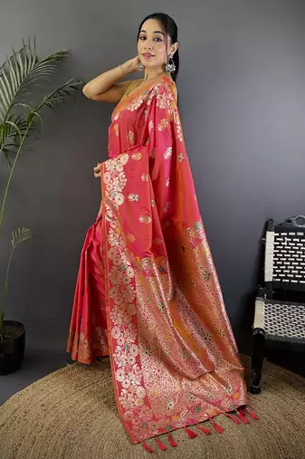 Hot pink silk blend floral zari weaving meenakari saree with floral border