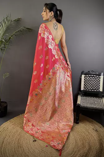 Hot pink silk blend floral zari weaving meenakari saree with floral border