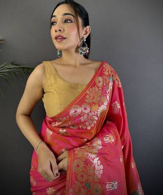 Hot pink silk blend floral zari weaving meenakari saree with floral border 4