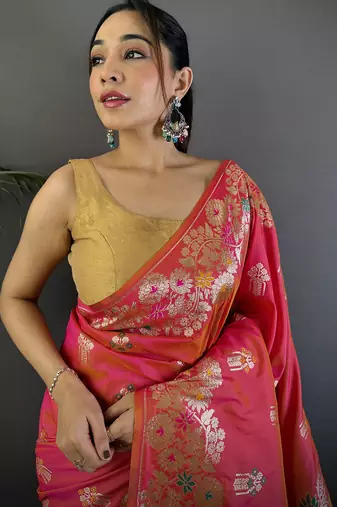 Hot pink silk blend floral zari weaving meenakari saree with floral border