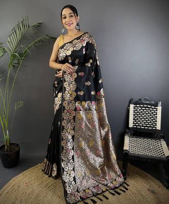 Black silk blend floral zari weaving meenakari saree with floral border 1