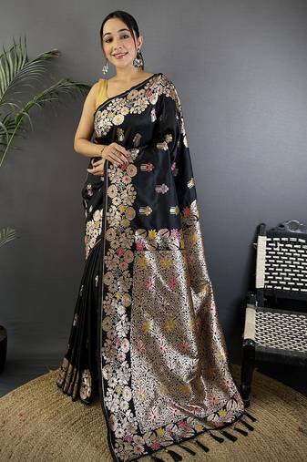 Black silk blend floral zari weaving meenakari saree with floral border