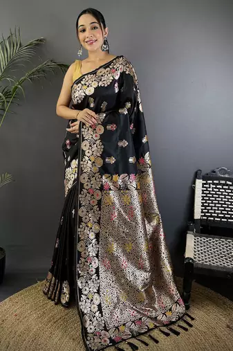 Black silk blend floral zari weaving meenakari saree with floral border