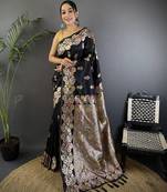 Black silk blend floral zari weaving meenakari saree with floral border