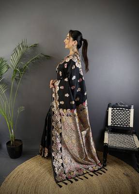 Black silk blend floral zari weaving meenakari saree with floral border 2