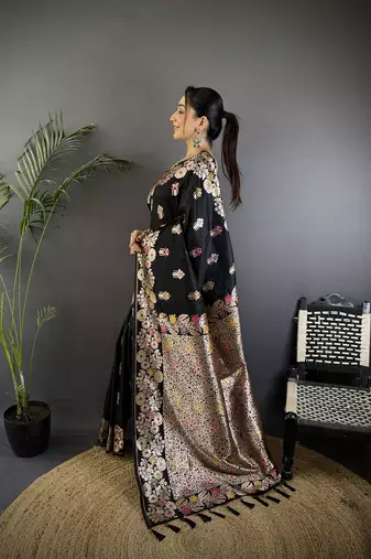 Black silk blend floral zari weaving meenakari saree with floral border