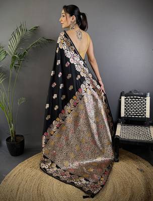 Black silk blend floral zari weaving meenakari saree with floral border 3