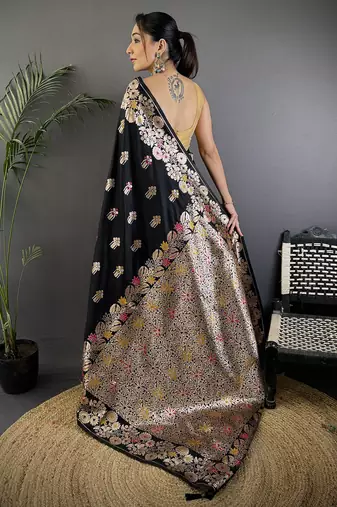 Black silk blend floral zari weaving meenakari saree with floral border
