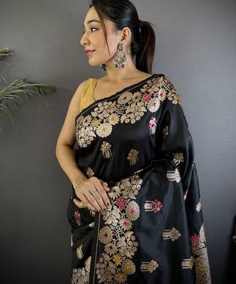 Black silk blend floral zari weaving meenakari saree with floral border 4