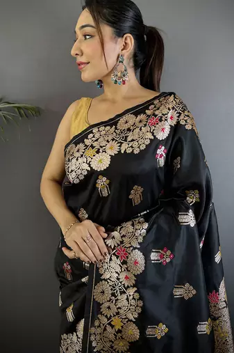Black silk blend floral zari weaving meenakari saree with floral border