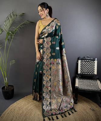 Dark green silk blend floral zari weaving meenakari saree with floral border 1