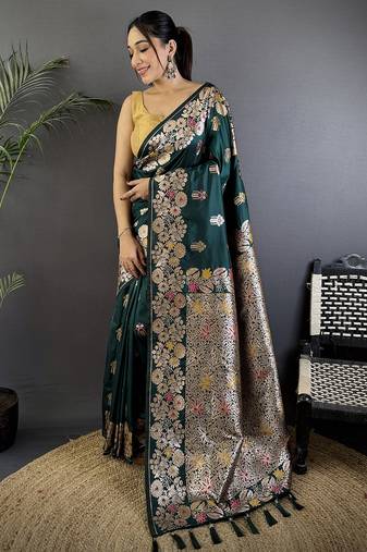Dark green silk blend floral zari weaving meenakari saree with floral border