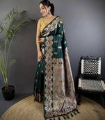 Dark green silk blend floral zari weaving meenakari saree with floral border