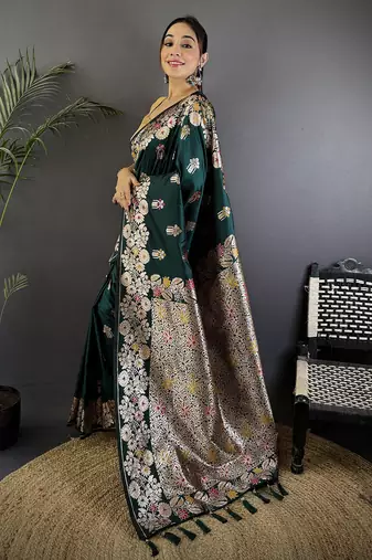 Dark green silk blend floral zari weaving meenakari saree with floral border