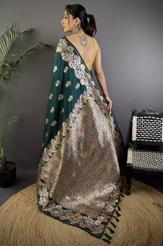 Dark green silk blend floral zari weaving meenakari saree with floral border