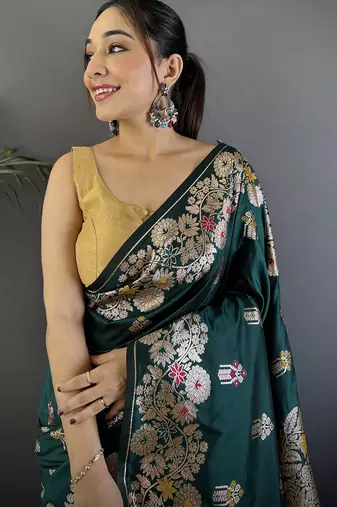 Dark green silk blend floral zari weaving meenakari saree with floral border